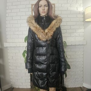 Mackage  Down Puffer Coat Women's Black Long Line Fur Trim